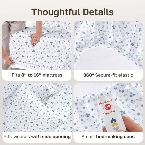 California Design Den Soft Full Cotton Sheet Set - 100% Cotton, 400 TC, Deep Pockets, Floral White/Blue