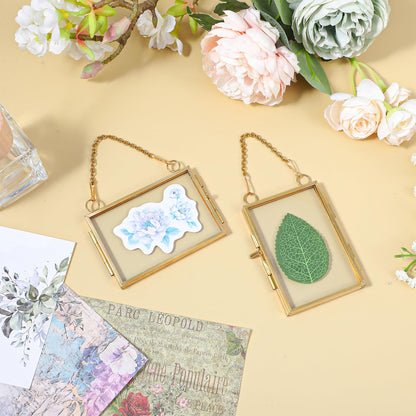 YUXIANLB 4 Pcs Double Glass Frame for Pressed Flowers, 2x3 Inch Picture Frame Mini Brass Wall Hanging Photo Frame with Chain for DIY Plant Specimen Wall Ornament Artwork Display Wall Decor (Gold)