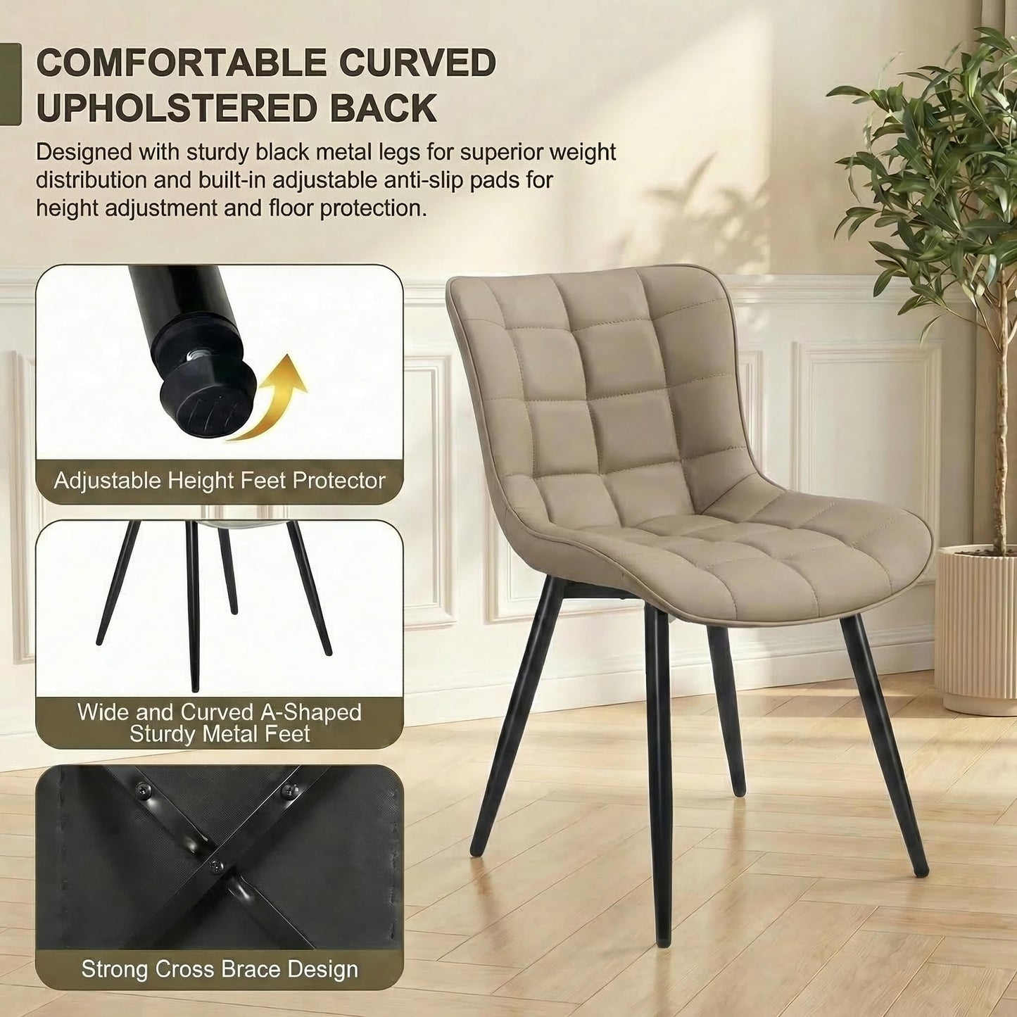 YOUTASTE Khaki Dining Chairs Set of 2, Comfy Faux Leather Upholstered Kitchen Chairs with Black Metal Legs, Mid-Century Modern Design, Accent Chair for Dining Room, Bedroom, Reception