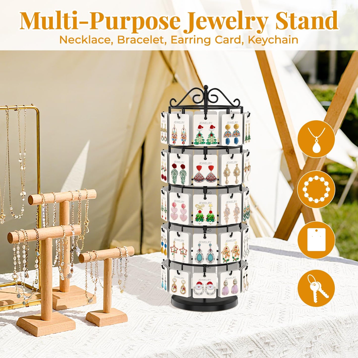 EsLuker.ly Earring Holder Organizer Rotating Display Tree Stand, Adjustable Height Earring Card Hanger Rack with 50 Hooks for Vendors Market Selling, 5 Tier Metal Jewelry Storage Tower, Black