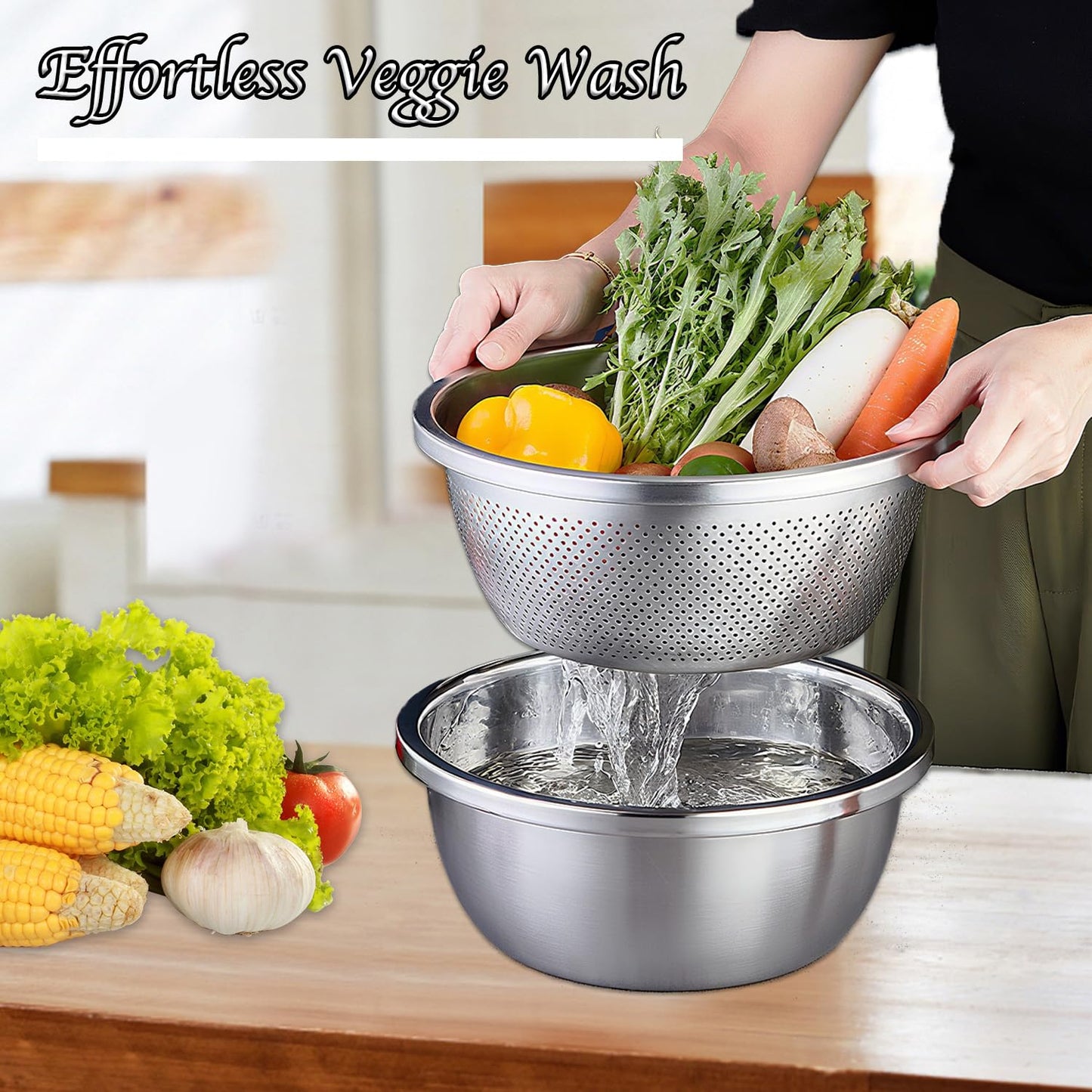 Stainless Steel Mixing Bowls, 4 Pack Rice Washer Strainer Bowl Large Mixing Bowl Salad Mixing Bow, Rice Cleaner Strainer Stainless Steel Colander For Washing Vegetables, Fruit, Rice, Straining Pasta