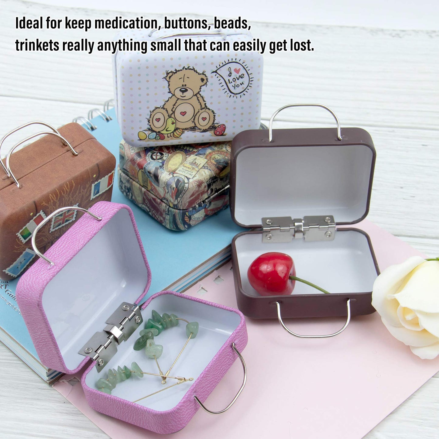 Framendino, 5 Pack Mini Suitcase Boxes Small Cartoon Tin Rectangular Handbag Jewelry Coin Container for Party Wedding Decorations