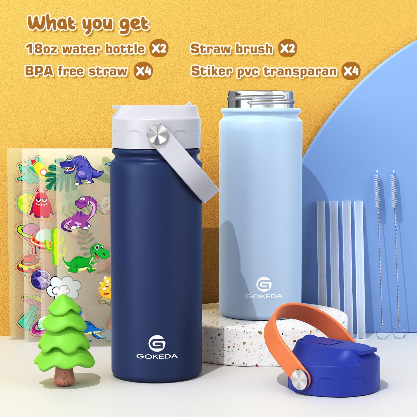GoKEDA 18oz Kids Water Bottle, 2 Pack Insulated Bottles with Stickers, 18/8 Stainless Steel Vacuum Leak Proof Straw Cup for School, Gifts for Boys(Light Blue, Dark Blue)