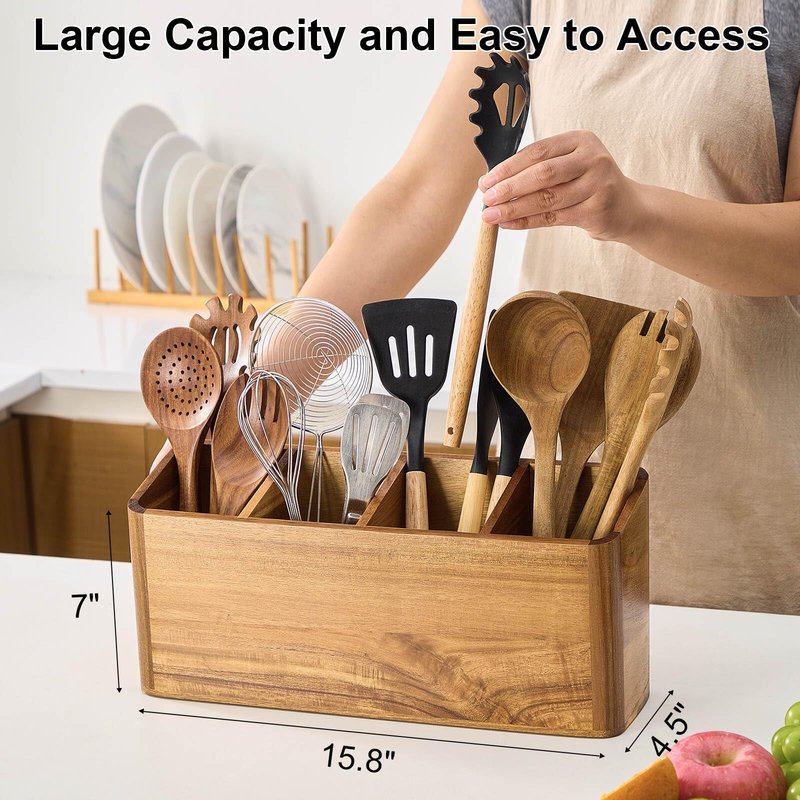 Wooden Utensil Holder for Kitchen Counter, Acacia Wood Kitchen Utensil Holder for Countertop with 4 Compartment, Cooking Utensil Organizer, Silverware Caddy (Acacia Wood, 4Compartment)