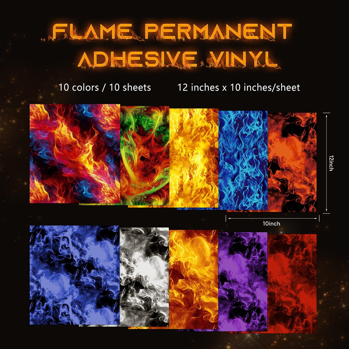 Tintnut Flame Permanent Adhesive Vinyl - 10 Sheets 12"x10" Flame Patterned Permanent Adhesive Vinyl for Cutting Machine, Home Decor Self Sticker