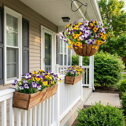 2 Set Artificial Outdoor Pansy Flowers with Hanging Baskets, 2 Hanging Baskets with 24 Pcs Silk Flowers for Spring Easter Decorations Porch Patio Home Decor (2, Purple, Yellow, White, Light Purple)