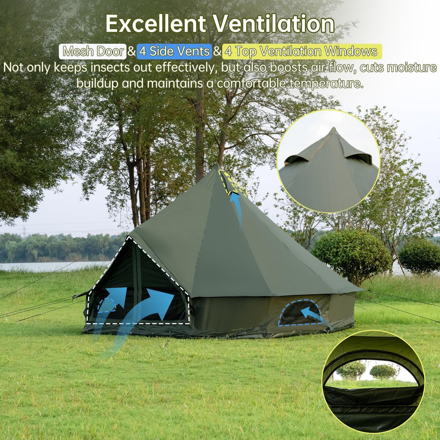 Bell Tent with Stove Jack – Spacious 13.1ft Family Glamping Yurt, 4-6 Person, 4 Season, Easy Setup, Waterproof, Ventilated Outdoor Shelter (13.1ft(Green)
