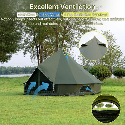 Bell Tent with Stove Jack – Spacious 13.1ft Family Glamping Yurt, 4-6 Person, 4 Season, Easy Setup, Waterproof, Ventilated Outdoor Shelter (13.1ft(Green)