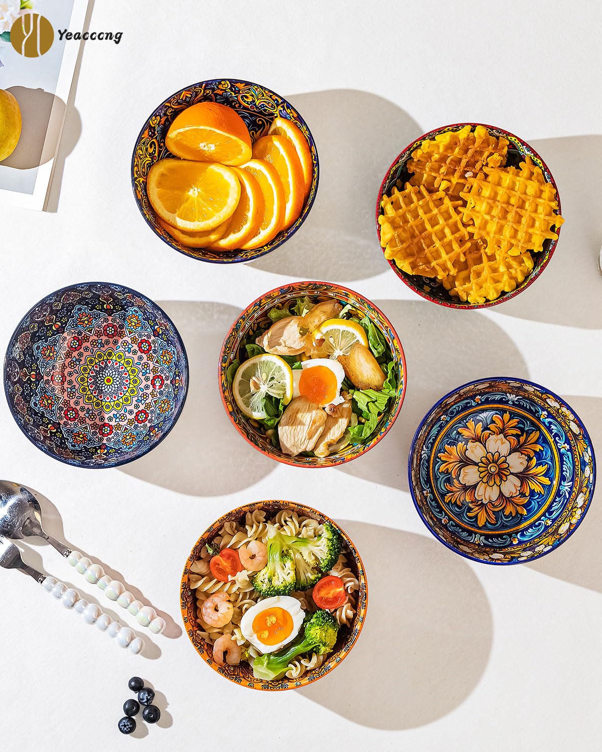 Yeacccng Bohemian Cereal Bowls Set of 6, 5.9 Inch 27 Oz Ceramic Soup Bowls, Microwave Dishwasher Safe, Lead-Free Scratch-Resistant for Oatmeal Pasta Salad, Colorful Boho Bowls