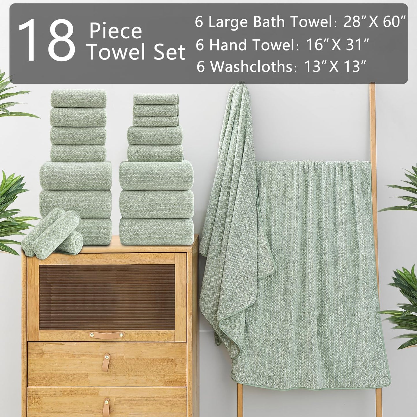 18 Set,100% Loops-6 Towels,6 Towels,6 Ycosy Piece Bath Towels Microfiber Family Bathroom Towel with Hanging Bath Hand