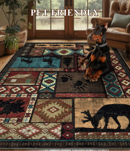 YIHOUSE Rustic Cabin Area Rug 5x7,Machine Washable Lodge Bear Rug,Non-Slip Low Pile Print Pattern Southwestern Rug for Living Room Bedroom
