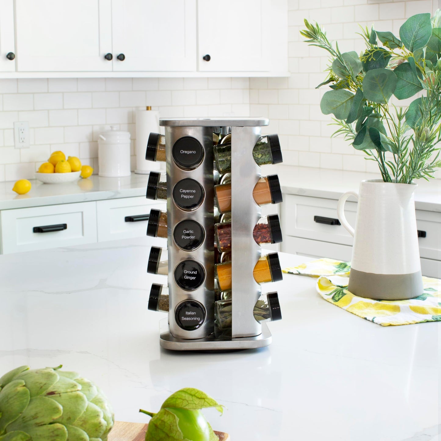 Orii 20 Jar Rotating Spice Rack with Spices Included & 5-Year Free Spice Refill Program – Stainless Steel Countertop Spice Rack with 3 oz Glass Jars