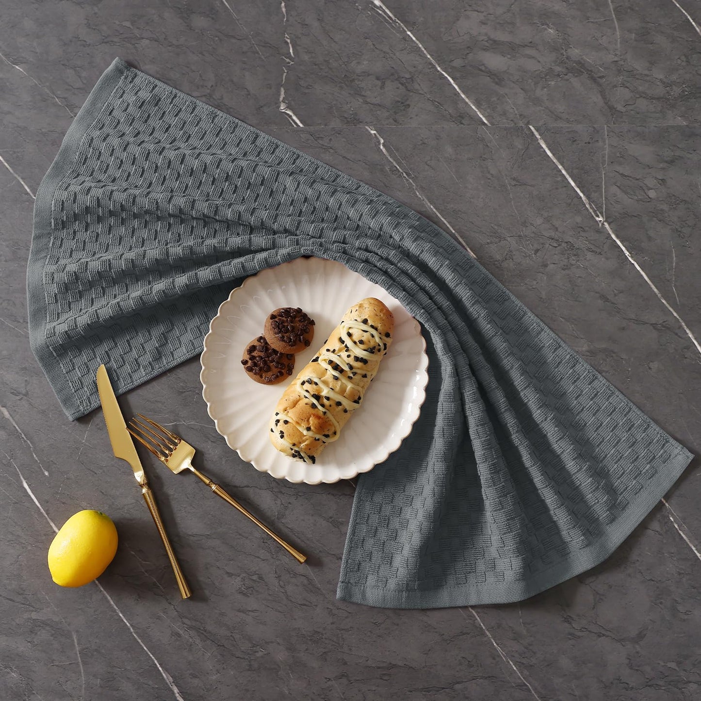 Homaxy 100% Cotton Terry Kitchen Towels(15" x 25", 6 Pack), Soft and Super Absorbent Dish Towels, 380 GSM Reusable Tea Towel with Hanging Loop, Pineapple Grid Designed, Dark Grey