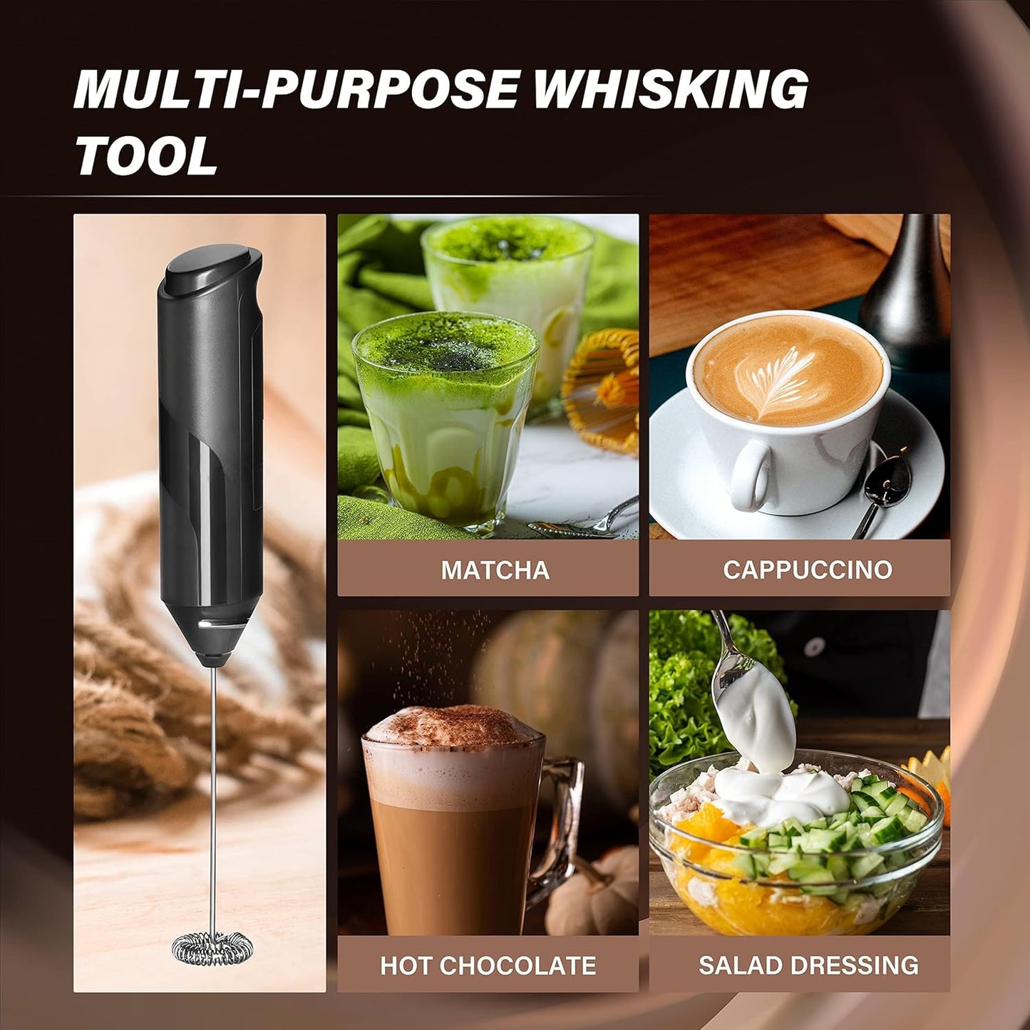 Simple Deluxe Handheld Milk Frother, Battery-Operated Foam Maker with Stainless Steel Stand for Coffee, Latte, Hot