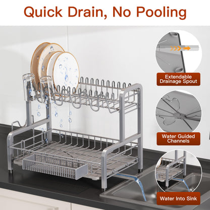 2 Tier Dish Drainer Drying Rack for Kitchen Counter, Large Stainless Steel Dishes Dryer with Drainboard, Space Saving, Big Rustproof Metal Modern Countertop Plates Strainer with Utensil Holder, Sliver