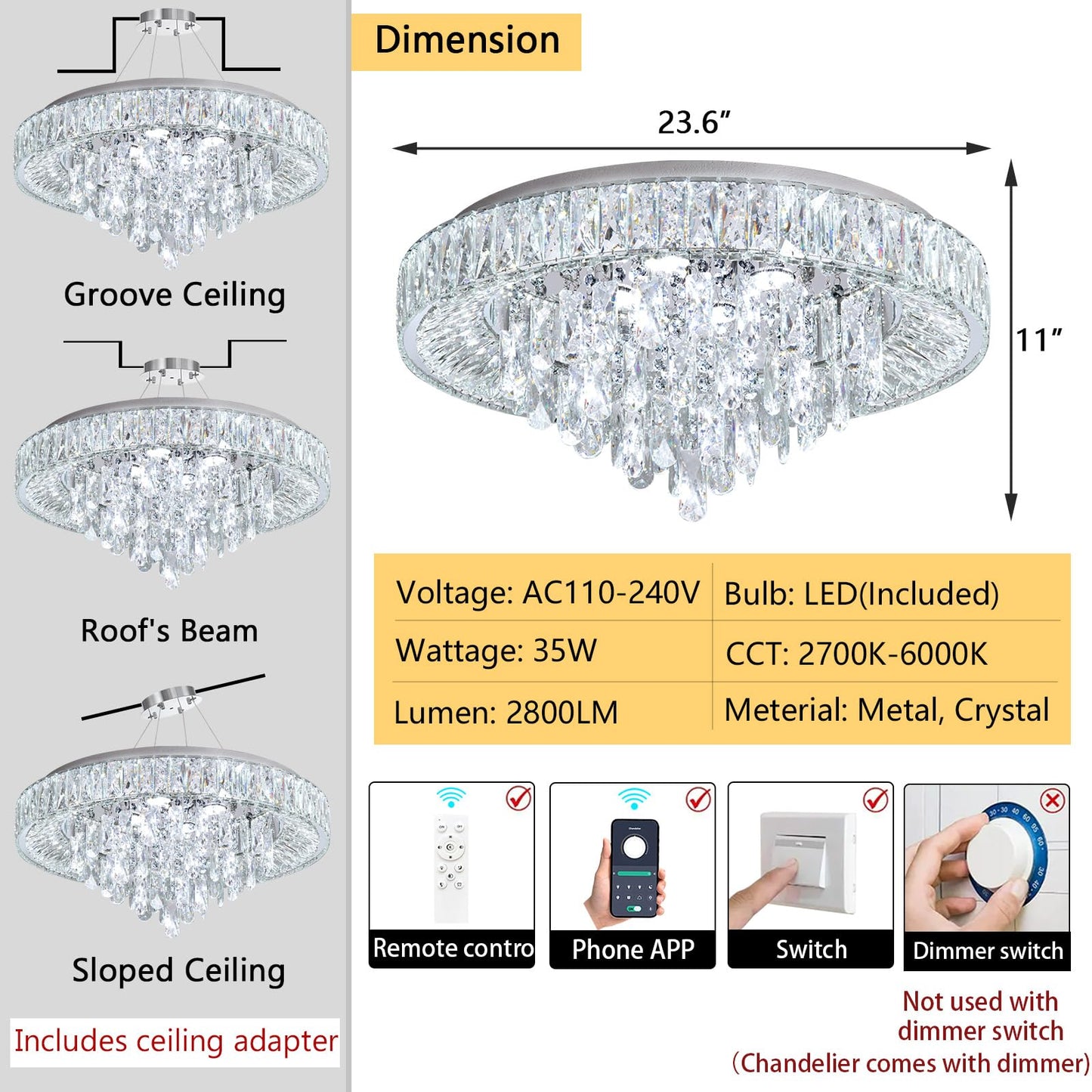 dolria 23.6" Modern Crystal Chandeliers LED Dimmable Flush Mount Ceiling Chandeliers for Living Room Entrance Foyer Bedroom Silver