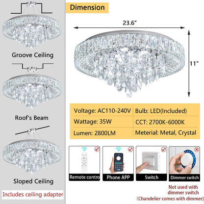 dolria 23.6" Modern Crystal Chandeliers LED Dimmable Flush Mount Ceiling Chandeliers for Living Room Entrance Foyer Bedroom Silver