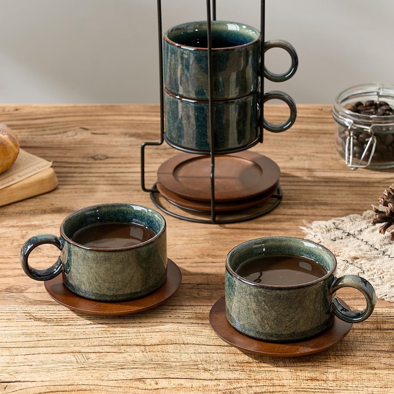 LUKA 6 Ounce Porcelain Stackable Espresso Cups with Saucers and Metal Stand Set of 4, Ceramic Cappuccino Cups Set for Specialty Coffee Drinks, Latte, Cafe Mocha and Tea, Kiln Tide Glaze