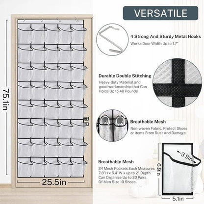 Hualleko Large Mesh Pocket Over-The-Door Shoe Organizer - Sturdy Storage for 20 Pairs (White)