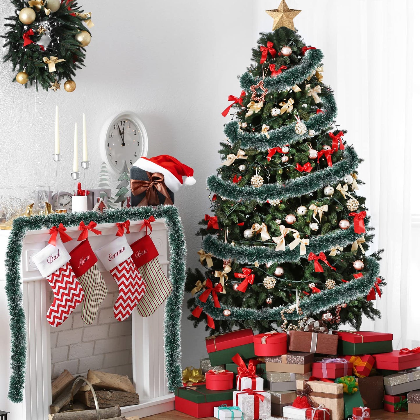 50FT Green Christmas Tinsel Garland Decorations to Christmas Tree, Thick and Thin Metallic Streamers Foil Tinsel Twist Garland Decor for Home Indoor Outdoor Party Supplies
