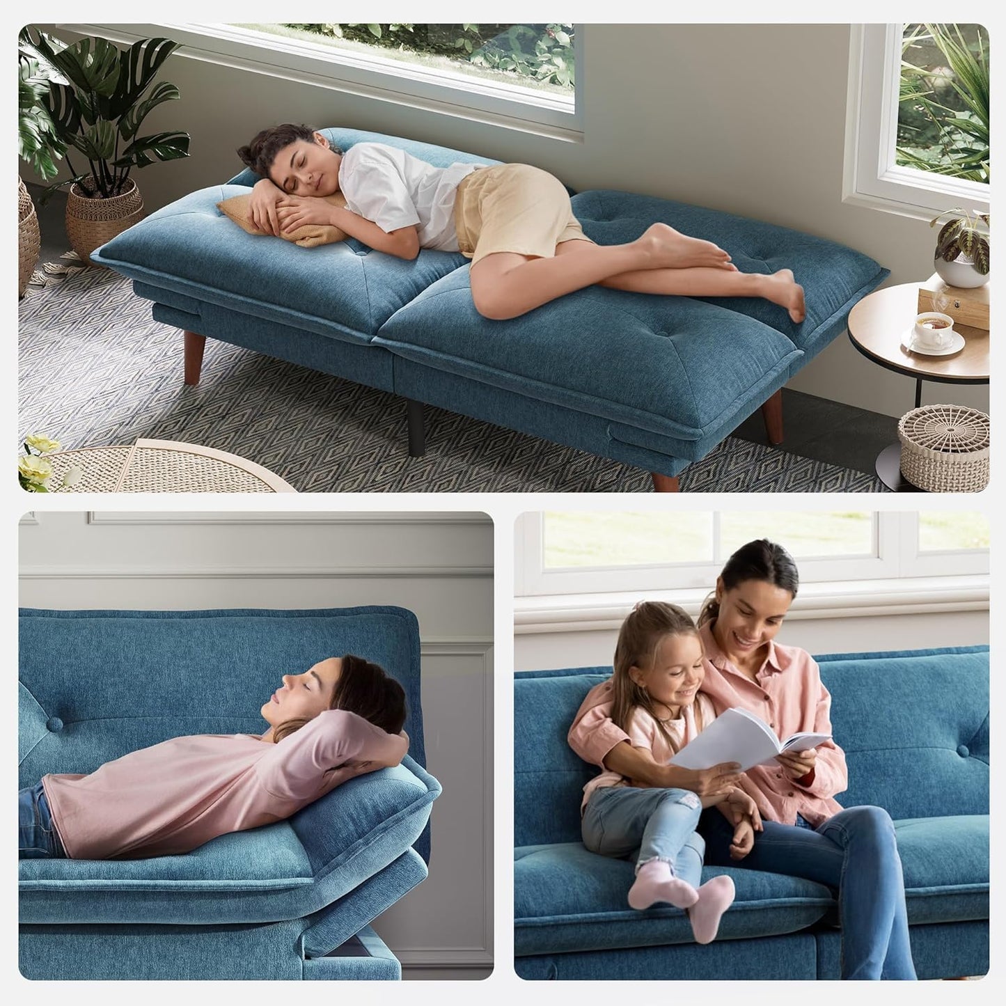 LINSY HOME Futon Sofa Bed, 70" Chenille Futon Couch with Adjustable Backrest Armrest, 3 in 1 Convertible Comfy Loveseat Sleeper Sofa Bed for Small Spaces Dorm Room Apartment Home Office（Blue）