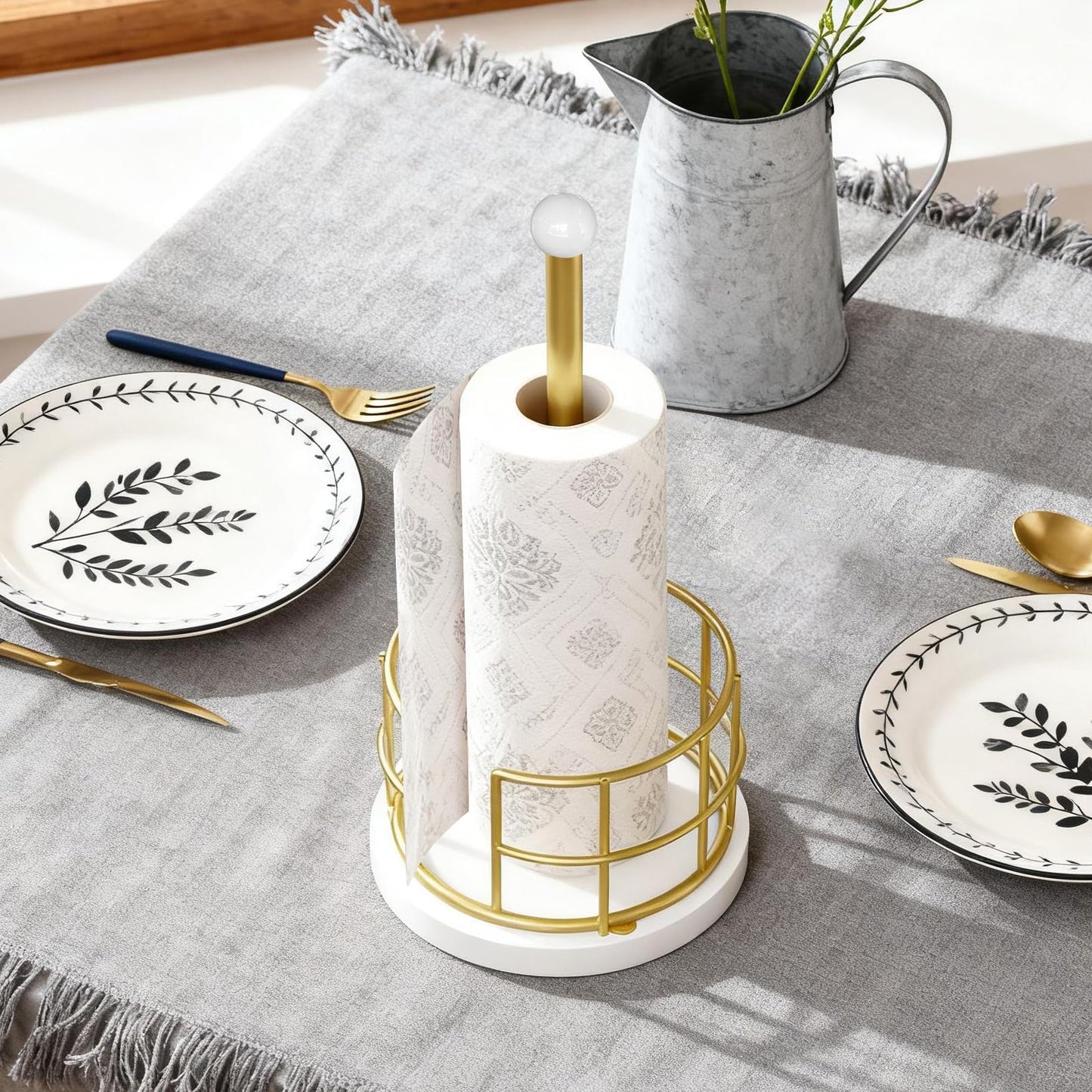 YATINEY Paper Towel Holder, Kitchen Paper Towel Holder for Countertop, Gold Paper Towel Stand with Wooden Base, Freestanding Kitchen Roll Holder, for Standard Size Rolls, Gold CJ05DW
