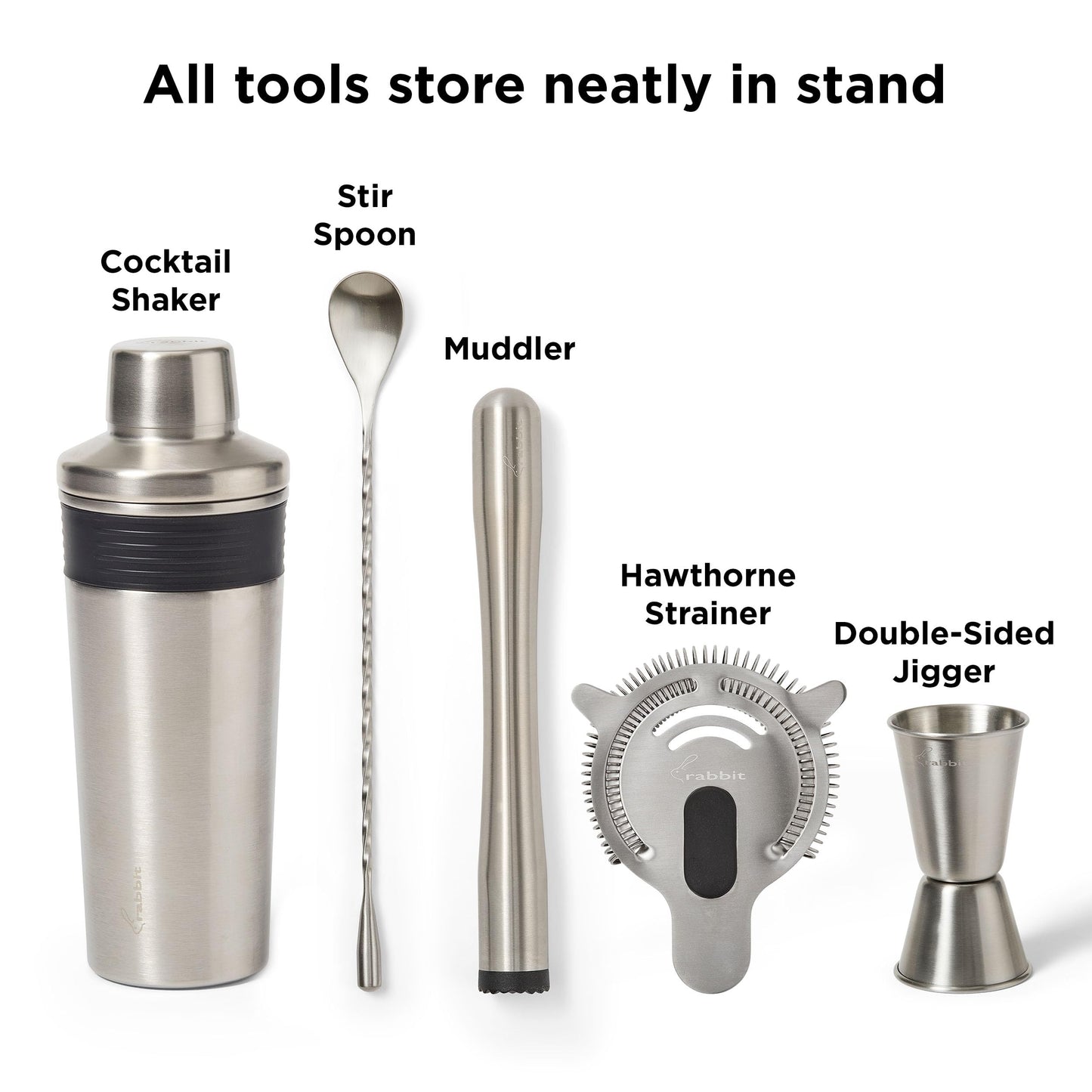 Rabbit 6-Piece Bar Tool Set - Stainless Steel Cocktail Shaker with Integrated Strainer, Muddler, Stir Spoon, Double Jigger, Hawthorne Strainer and Stand