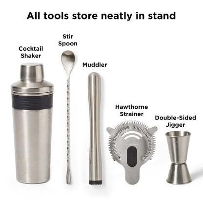 Rabbit 6-Piece Bar Tool Set - Stainless Steel Cocktail Shaker with Integrated Strainer, Muddler, Stir Spoon, Double Jigger, Hawthorne Strainer and Stand