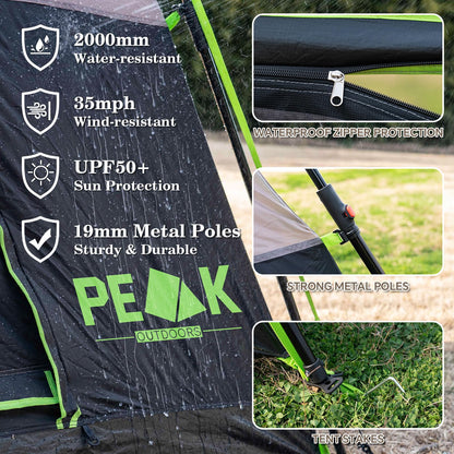 PEAK OUTDOORS Instant Tent 6/8 Person Tents for Camping, 60 Second Easy Setup Portable Camping Cabin Tent with Rainfly, Waterproof Pop Up Tents for Family Camping & Hiking with Expandable Carry Bag