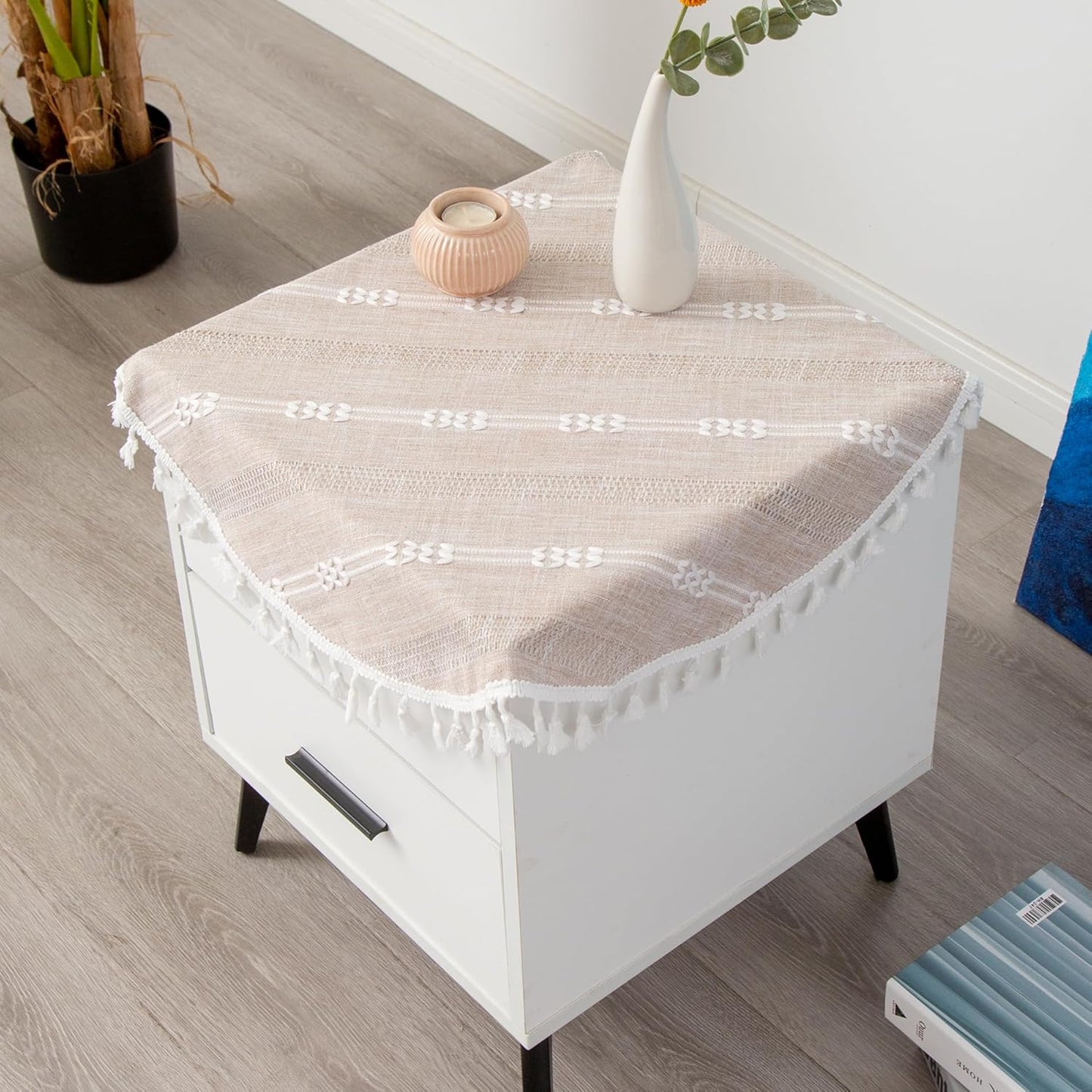 24 Inch Round Linen Light Coffee Small Tablecloth Farmhouse Embroidered Bedside Table Cover Washable Wrinkle Resistant