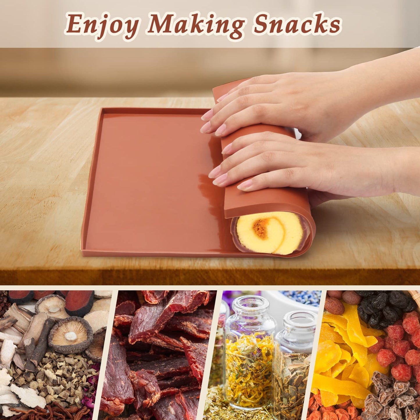 6PCS Silicone Dehydrator Sheets with Edge, Anglecai 12.2 x 10.2 Inch Silicone Dehydrator Mats Compatible with Cosori CP267-FD, Nonstick Dehydrator Trays Liner for Fruits Meat Vegetables(Brown)