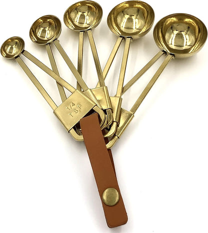 XINLI Measuring Cups and Spoons Set, Stainless Steel with Durable Copper Plating, Plus Brown Leather Buckle