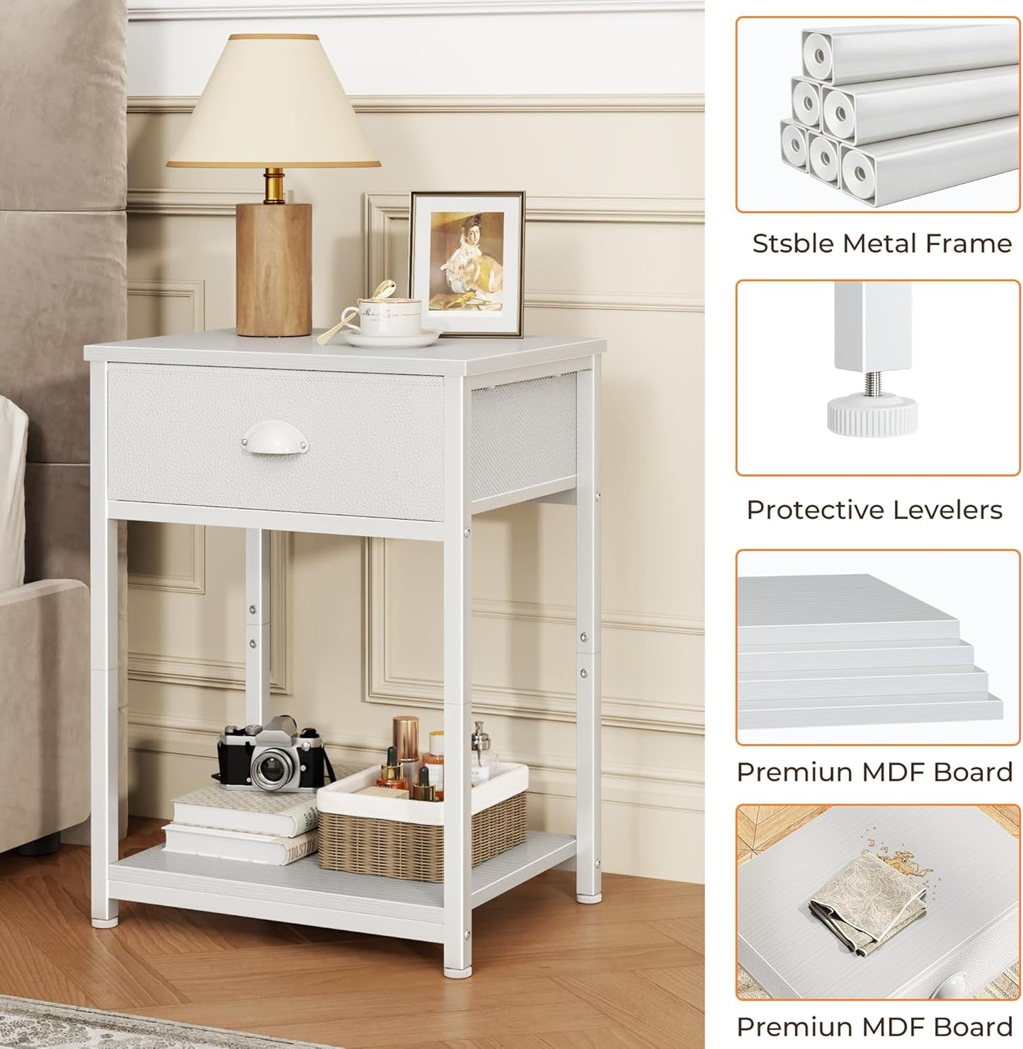 2 Furologee White Nightstand with Fabric Drawer, Small Side Table for Small Spaces, Tiers Storage Shelves End Table