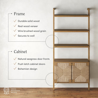 Nathan James Beacon 3-Shelf Solid Wood Bookshelf with Storage Cabinet, Bohemian Wall Mounted Shelf with Seagrass Door Fronts, Set of 2