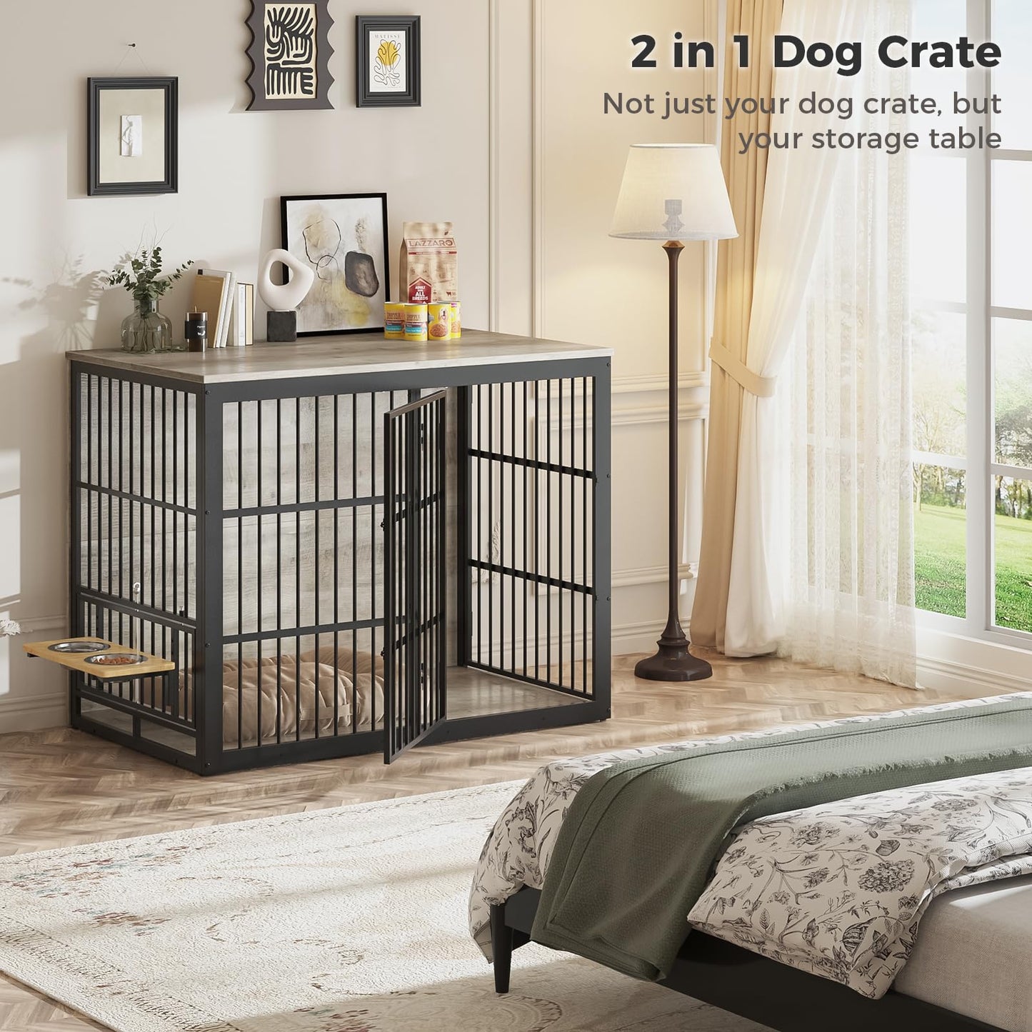 Lyromix 48'' XXL Dog Crate Furniture with Rotating Feeder, Large Wooden Crate End Table, Heavy Duty Indoor Kennel Cage for Medium to Large Dogs, Grey