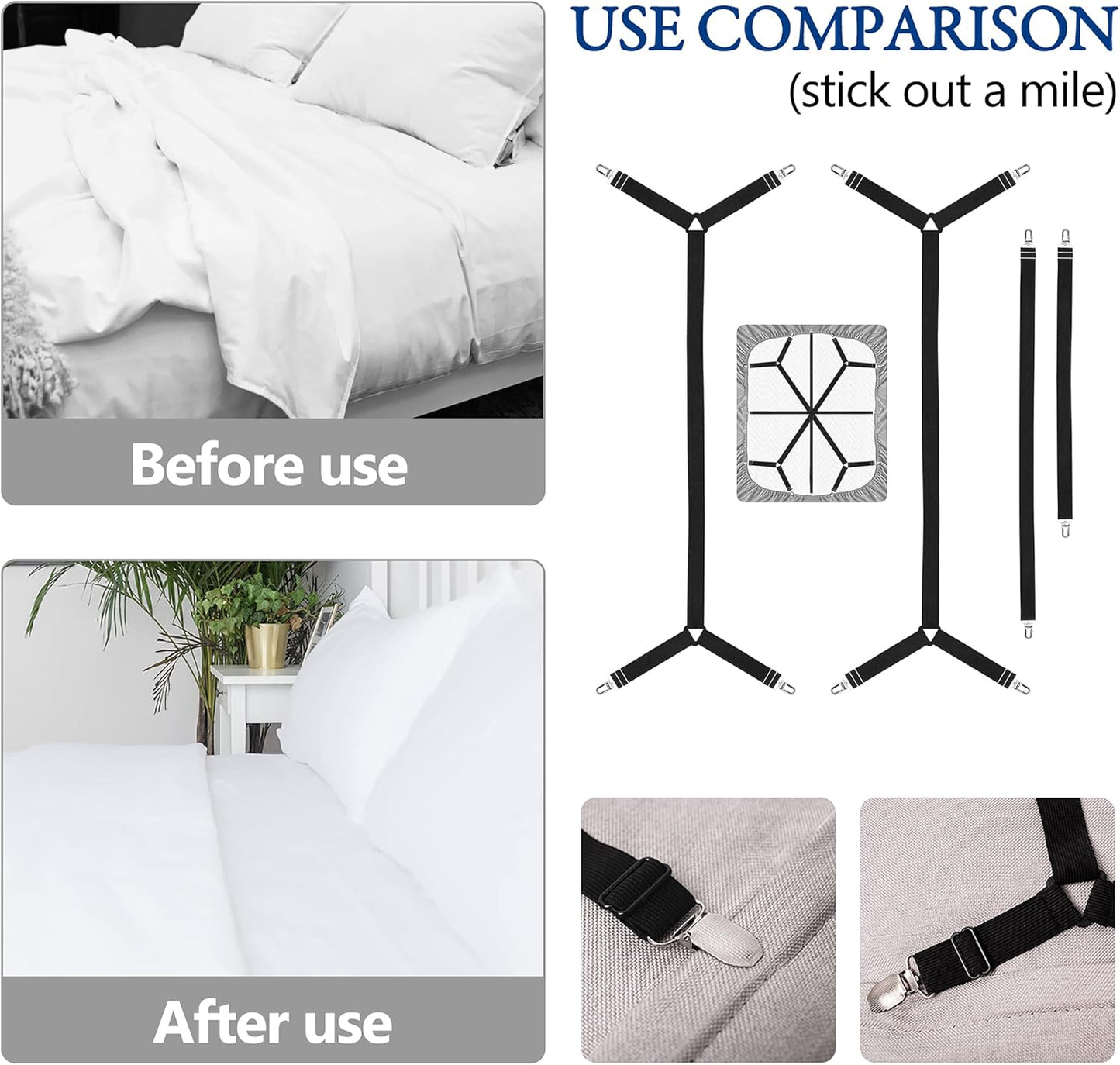 Bed Sheet Holder Straps - Adjustable Clips to Hold Sheets in Place, Elastic Grippers, Fasteners for Bedding and Bedsheet