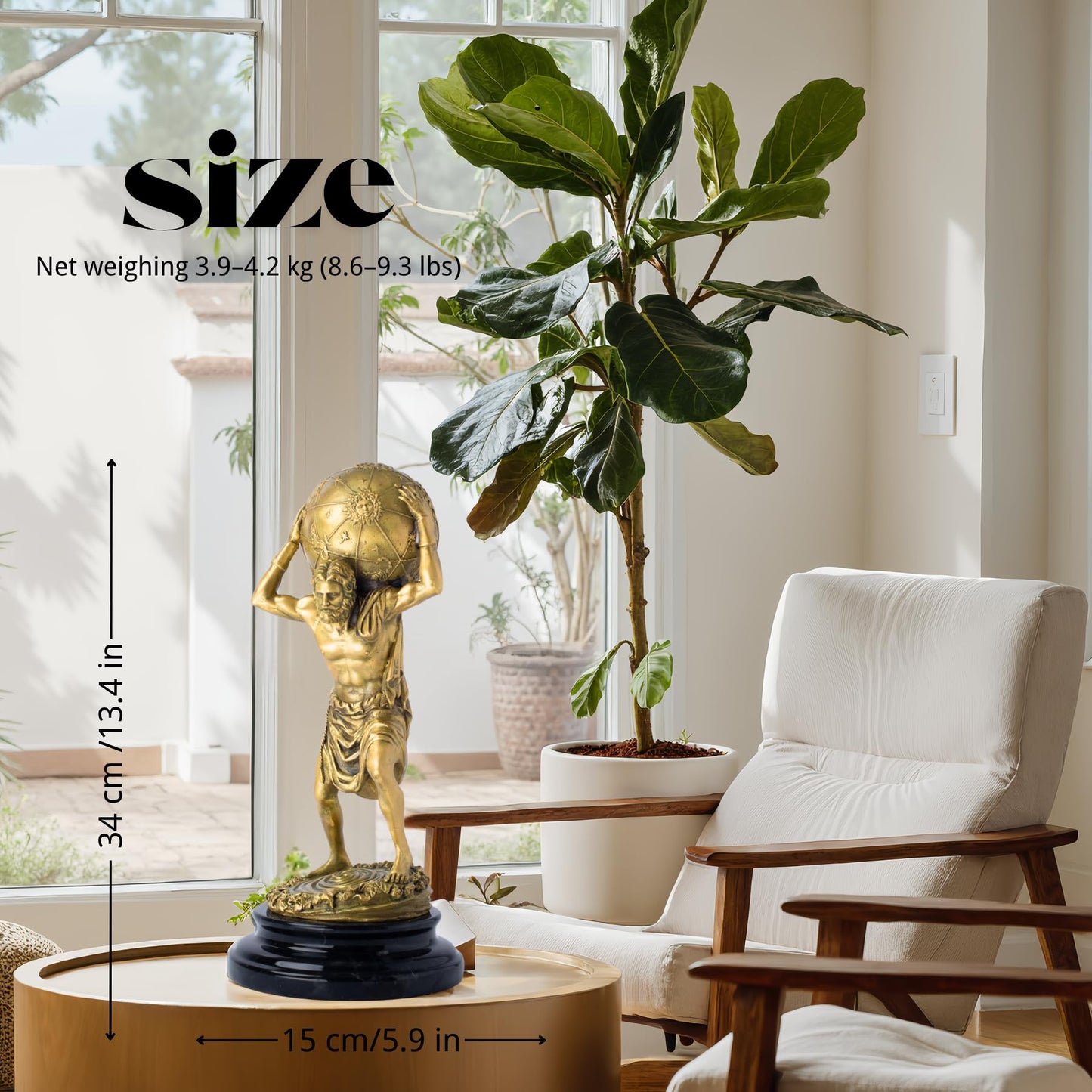 R REALONG Gloden Bronze Atlas Sculpture with Marble Base – 13.4" Tall Handcrafted Titan Atlas Carrying Globe Figurine, Lost-Wax Cast Bronze Art Decor for Home, Office & Collectors