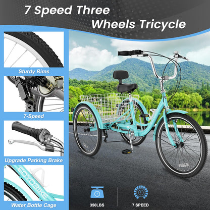 Slsy Adult Tricycle 7 Speed, 20/24/26 Inch Step-Through 3 Wheel Bike for Adults with Large Shopping Basket, 350 lb Capacity Adult Trike for Seniors, Women and Men