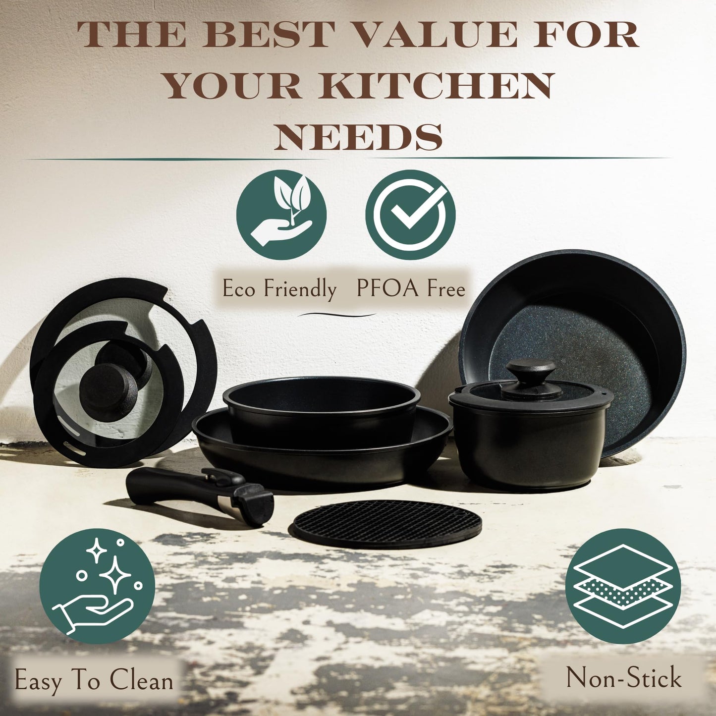Moss & Stone 10pcs Nonstick Cookware Pans with Removable Handles, Space Saving Pots and Pans with Removable Handles, RV Pots and Pans Set for Camping, Oven and Induction Ready