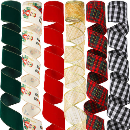 Suncalla 6 Rolls Nutcracker Christmas Ribbon Set 2.5 Inch x 10 Yards Wired Holiday Ribbons for Nutcracker Bows Wreaths Tree Decorations and Gift Wrapping Wide Red Green Gold Plaid Soldier Designs
