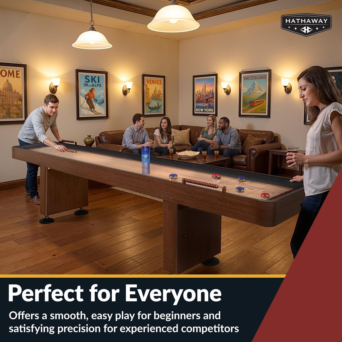 Hathaway Challenger 12 Ft Shuffleboard Table for Family Arcade Game Room - With Poly-Coated Playfield, Built-In Scorer & Cabinet, Climate Adjusters, Leg Levelers, 8 Pucks, Brush & Wax - Walnut Finish