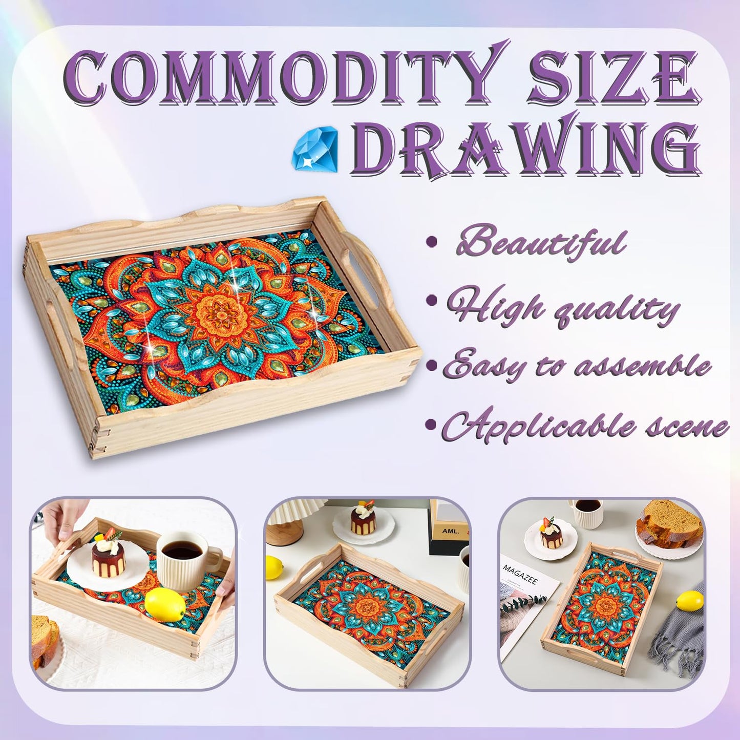 EWJRNSF Diamond Art Kits for Adults Wooden Serving Trays with Handles, 5D Diamond Painting Big Gem Arts and Craft Gifts Trays Decor Gift Home Decor 7.8x11.8 Inches Mandala E
