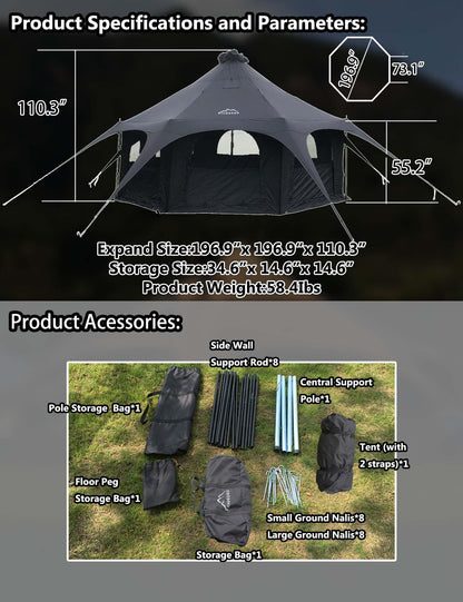 Kanggogo 5M Cotton Canvas Tent Bell - Yurts with Stove Jack，16.4ft*High9.2ft ，Breathable and Windproof,Glamping for 6/8/10Person Family Camping (8-10 People)
