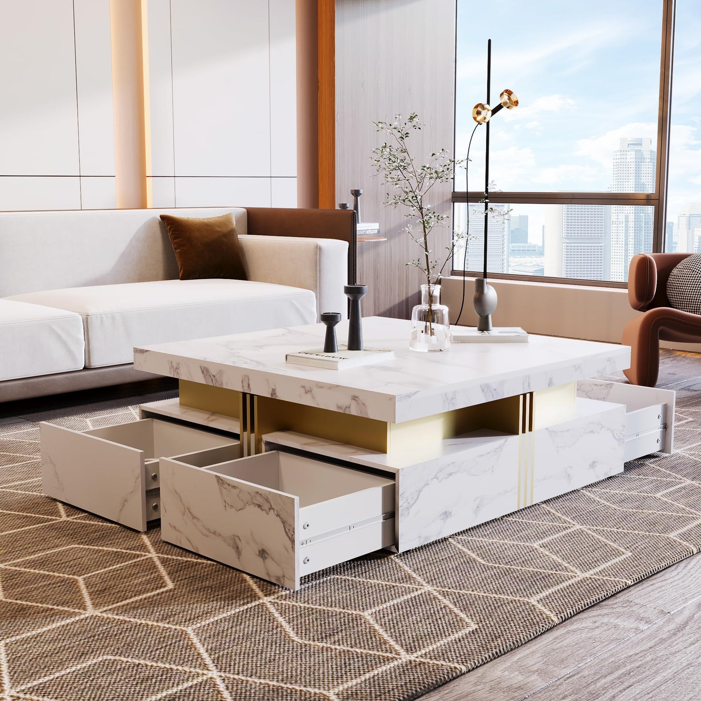 Merax Modern White and Gold Square Coffee Table with 4 Drawers, Ample Hidden Storage, Durable MDF Construction, Sleek Accent End Table for Living Room, Lounge, and Apartment Decor, White