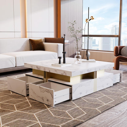 Merax Modern White and Gold Square Coffee Table with 4 Drawers, Ample Hidden Storage, Durable MDF Construction, Sleek Accent End Table for Living Room, Lounge, and Apartment Decor, White