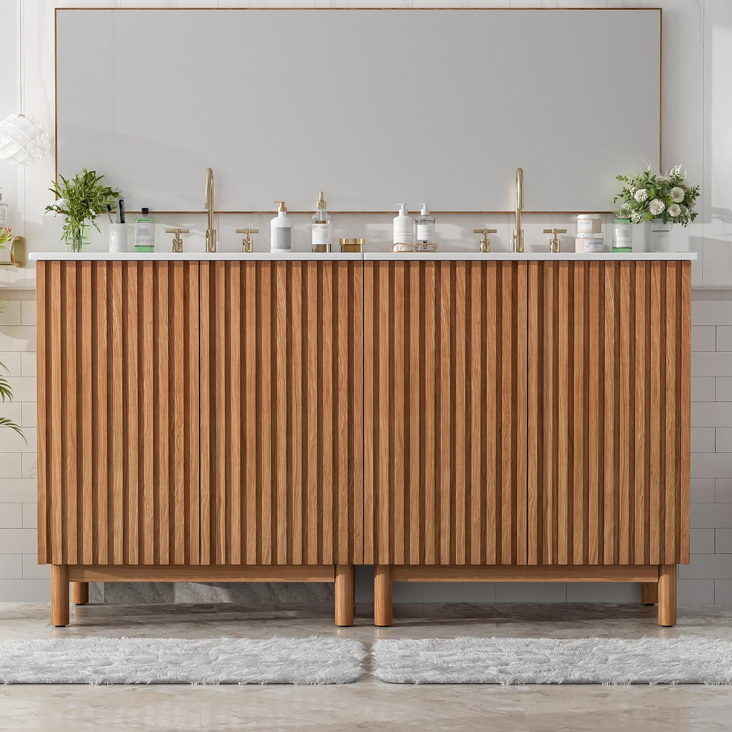 Merax 59.8" Bathroom Vanity with Ceramic Sink, Double Bathroom Vanity Combo, Freestanding Bathroom Cabinet with Wooden Legs, MDF Structure, Soft Close Doors, Adjustable Shelf