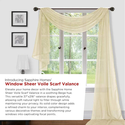 Sapphire Home Window Scarf Valance Curtains, Extra Long Sheer Valances for Living Room, Kitchen, Bedroom, 37" x 216" -