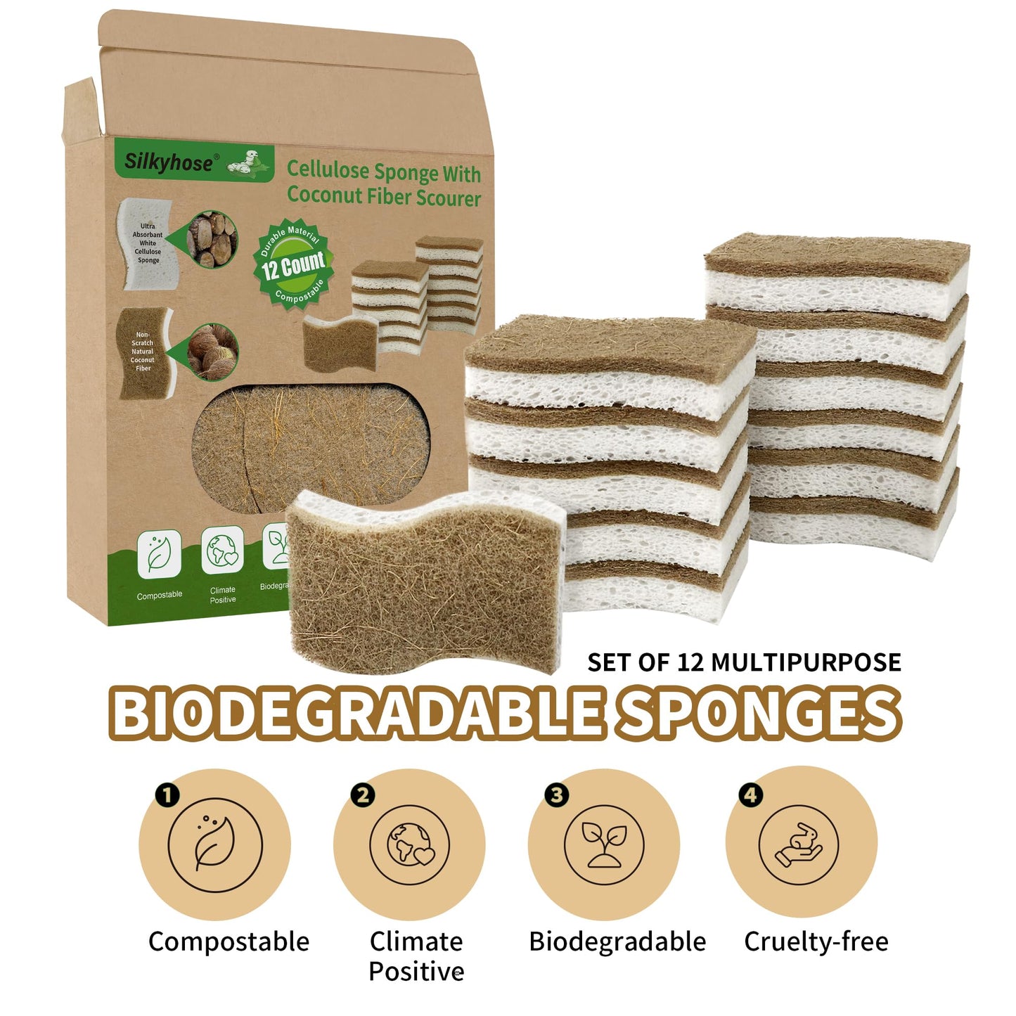 Natural Kitchen Sponges, Biodegradable & Compostable | Non-Scratch Cellulose Coconut Fiber Sponges for Dishes, Pots & Pans | Eco-Friendly Cleaning Sponge (12)