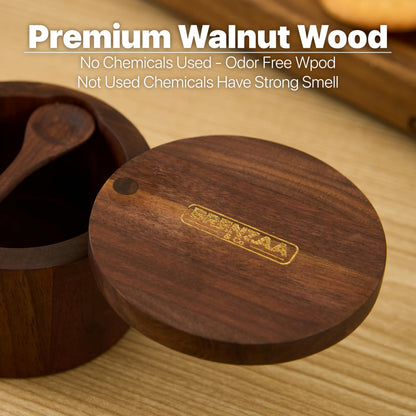 BRENZAA Walnut Wood Salt Cellar With Built in Spoon & Magnetic Swivel Lid, Spice Organizer for Salt, Herbs & Seasonings Storage Box – Kitchen Counter Storage & Gift