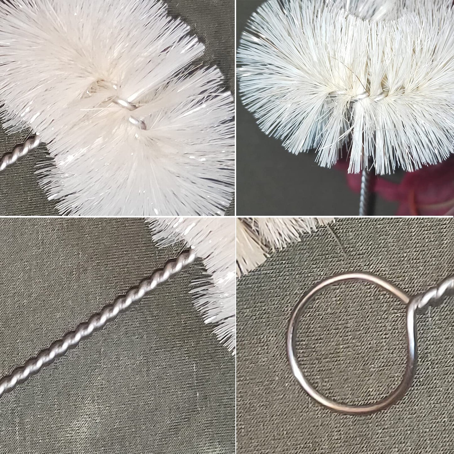 NewFerU Stainless Steel Soda Bottle Cleaning Brush in Natural Boar Bristle Wool Tip, Long Handle, Flexible Bendable Thick Wire Cleaner for Narrow Neck Water Baby Bottles Straw Pipe Tube Flask (Round)
